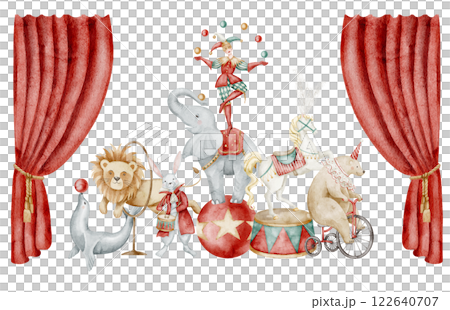 Watercolor composition of Circus animals and clown. Drawing with vintage Carnival performance with elephant, lion, bunny, and horse, set against red curtains. Art for Baby shower greeting cards. 122640707