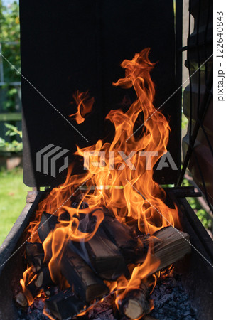 Vivid Backyard Barbecue Fire Igniting Charcoal and Wood 122640843