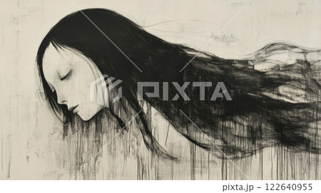 Mysterious ghostly woman with long black hair, evoking deep sorrow, loneliness, and the darkness of depression 122640955