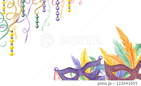 Watercolor carnival feather masks, beads, ribbons horizontal frame isolated background. Holiday Mardi Gras, Brazilian, Venice parade illustration with copy space for text. For invitation cards 122641055