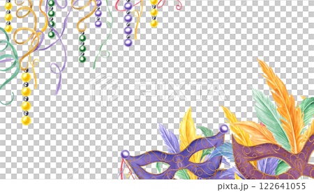 Watercolor carnival feather masks, beads, ribbons horizontal frame isolated background. Holiday Mardi Gras, Brazilian, Venice parade illustration with copy space for text. For invitation cards 122641055