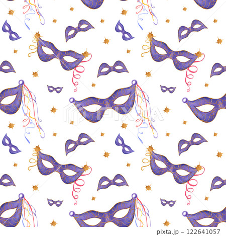 Carnival party purple masks with swirl colored ribbons watercolor seamless pattern. Purim, Fat Tuesday and Mardi Gras masquerade festival elements illustration for holiday textile, package Carnival party purple masks with swirl colored ribbons watercolor seamless pattern. Purim, Fat Tuesday and Mardi Gras masquerade festival elements illustration for holiday textile, package 122641057