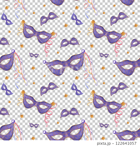 Carnival party purple masks with swirl colored ribbons watercolor seamless pattern. Purim, Fat Tuesday and Mardi Gras masquerade festival elements illustration for holiday textile, package Carnival party purple masks with swirl colored ribbons watercolor seamless pattern. Purim, Fat Tuesday and Mardi Gras masquerade festival elements illustration for holiday textile, package 122641057