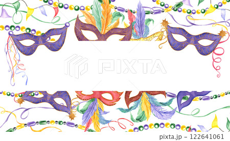 Carnival mask with colorful feathers, beads, flag garland, ribbons horizontal frame. Holiday Mardi Gras accessories illustration with copy space for text. For invitation cards, flyer design 122641061