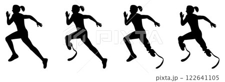 Woman running, woman with prosthesis, disabled athlete on prosthesis running silhouettes Woman running, woman with prosthesis, disabled athlete on prosthesis running silhouettes 122641105