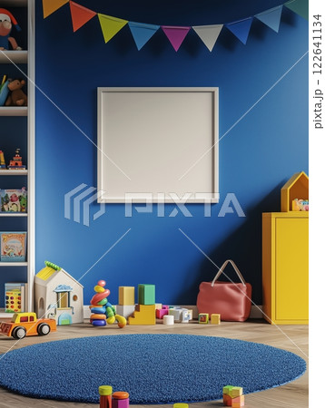 Bright and playful children's room featuring toys, colorful decor, and cozy carpet 122641134