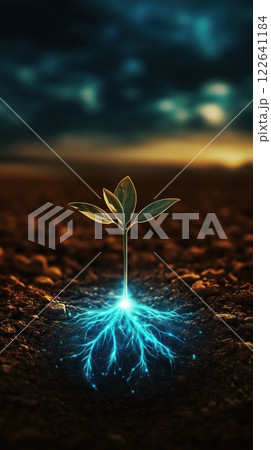 Tiny seed sprouts in barren desert, revealing strong roots glowing beneath the surface 122641184