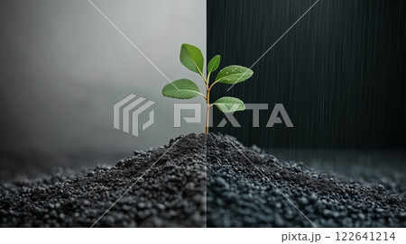 Vibrant plant sprout thrives between sunny and rainy environments in perfect soil 122641214