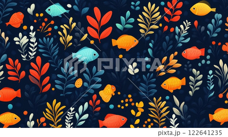 Colorful aquatic life in a vibrant and intricate repeat pattern inspired by embroidery 122641235