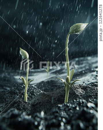 Seeds sprouting with strong roots battling the torrential rains and storms in a vivid landscape 122641278