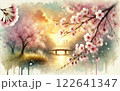 夕暮れ時の桜と日本の街の風景 122641347
