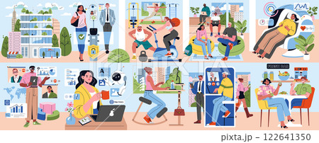 Modern office illustrations reflecting a dynamic work environment. Features include fitness activities, diverse workspaces, technology use, and wellness initiatives promoting productivity and Modern office illustrations reflecting a dynamic work environment. Features include fitness activities, diverse workspaces, technology use, and wellness initiatives promoting productivity and 122641350