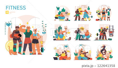 Fitness illustration set. Engaging characters showcasing various workout routines and healthy habits. A lively representation of determination, community, and fun in fitness activities. Vector Fitness illustration set. Engaging characters showcasing various workout routines and healthy habits. A lively representation of determination, community, and fun in fitness activities. Vector 122641358