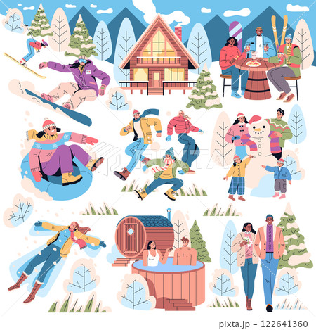 Winter vacation activities in a cozy snowy landscape. Enjoy skiing, snowboarding, ice skating, and relaxing in hot tubs with friends and family. A cheerful and festive atmosphere celebrates winter fun Winter vacation activities in a cozy snowy landscape. Enjoy skiing, snowboarding, ice skating, and relaxing in hot tubs with friends and family. A cheerful and festive atmosphere celebrates winter fun 122641360