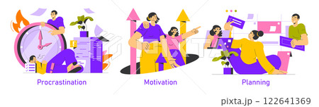 Planning context is essential for productivity and organization. It showcases individuals overcoming procrastination, finding motivation, and effectively planning their tasks. This visual embodies the 122641369