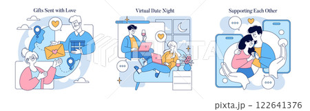 Long Distance Love Concept. Exploring the emotional connections and activities in long-distance relationships. Sending gifts, virtual date nights, and mutual support highlight love that transcends Long Distance Love Concept. Exploring the emotional connections and activities in long-distance relationships. Sending gifts, virtual date nights, and mutual support highlight love that transcends 122641376