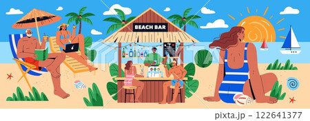 Beach Vacation concept. A lively beach scene filled with sunbathers enjoying a relaxing day at a beach bar. People engage in various activities such as reading, lounging, and socializing. The vibrant Beach Vacation concept. A lively beach scene filled with sunbathers enjoying a relaxing day at a beach bar. People engage in various activities such as reading, lounging, and socializing. The vibrant 122641377