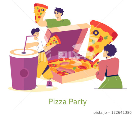 Pizza Party concept. A lively gathering featuring friends enjoying delicious pizza together. Highlights include a large pizza box overflowing with various toppings and cheerful participants sharing 122641380