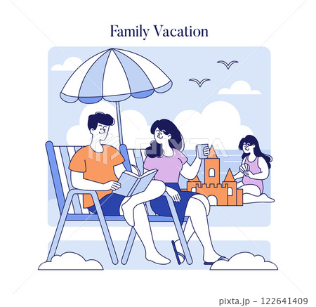 Family Vacation concept. A harmonious family spends quality time at the beach, building a sandcastle and enjoying a sunny day. Leisure, relaxation, and family bonding. Vector illustration. 122641409