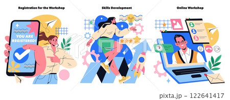 Workshops concept. Engaging vector illustrations highlighting various aspects of workshops, from registration to skills development and online participation. Emphasizing learning opportunities. Vector Workshops concept. Engaging vector illustrations highlighting various aspects of workshops, from registration to skills development and online participation. Emphasizing learning opportunities. Vector 122641417