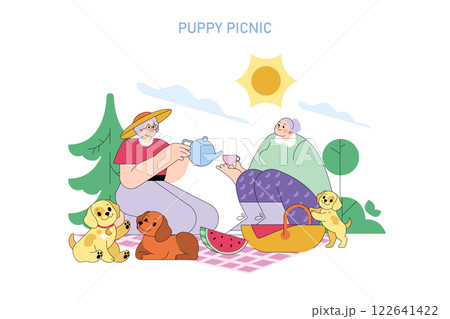 Puppy picnic. A lively outdoor gathering featuring two elderly individuals enjoying tea beside their playful puppies. The scene captures the essence of joy and companionship in nature. Pet-friendly Puppy picnic. A lively outdoor gathering featuring two elderly individuals enjoying tea beside their playful puppies. The scene captures the essence of joy and companionship in nature. Pet-friendly 122641422