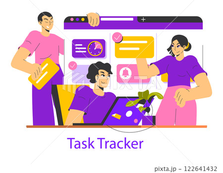 Time management and organization through a digital task tracker. Team collaboration and productivity enhancement illustrated with engaging characters and vibrant interface elements. Vector Time management and organization through a digital task tracker. Team collaboration and productivity enhancement illustrated with engaging characters and vibrant interface elements. Vector 122641432