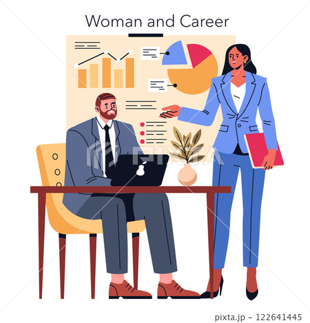 Celebrating International Women's Day, this illustration portrays a confident woman engaging in a professional setting. She stands beside a man at a desk, showcasing her leadership skills. The Celebrating International Women's Day, this illustration portrays a confident woman engaging in a professional setting. She stands beside a man at a desk, showcasing her leadership skills. The 122641445