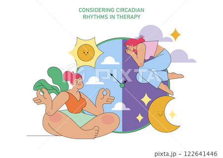 World Bipolar Day concept. Illustration highlighting the importance of circadian rhythms in mental health therapy. Day and night balancing wellness. Vector illustration. 122641446