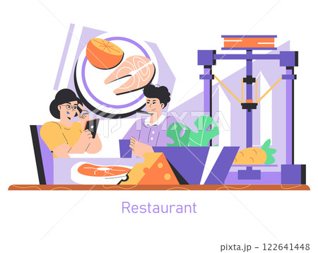 Food Printing concept. Customers at a modern restaurant watch as a 3D printer creates their meal. Innovation in culinary technology and dining. Vector illustration. 122641448