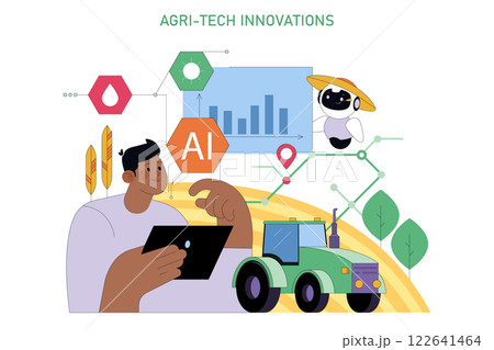 National Agriculture Day concept. Illustration of a farmer using AI and technology for modern farming practices. Advances in agri-tech for sustainable agriculture. Vector illustration. 122641464