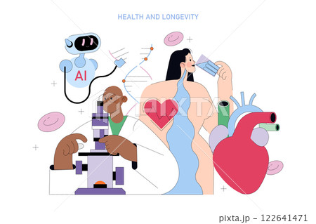 Health and longevity concept. This illustration emphasizes the intersection of human health and advanced technology. It features a scientist, AI, and symbols of wellness. The image promotes innovation Health and longevity concept. This illustration emphasizes the intersection of human health and advanced technology. It features a scientist, AI, and symbols of wellness. The image promotes innovation 122641471