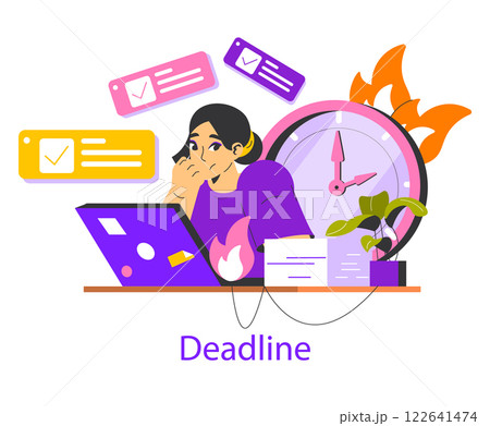 Time Management illustration. A person focuses on a deadline while dealing with tasks and distractions. The clock symbolizes urgency, showcasing the struggle of balancing responsibilities and time Time Management illustration. A person focuses on a deadline while dealing with tasks and distractions. The clock symbolizes urgency, showcasing the struggle of balancing responsibilities and time 122641474