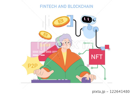 Fintech and blockchain integration. Senior woman exploring digital finance with cryptocurrency, blockchain, P2P transactions, NFTs, and AI technology. Vector illustration. 122641480