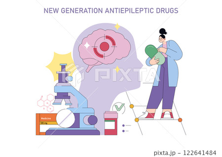 International Epilepsy Day promotes awareness of epilepsy and advances in treatment. This illustration highlights new generation antiepileptic drugs, featuring a scientist, a brain model, and a 122641484