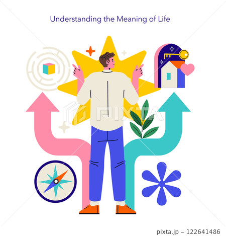 Logotherapy concept. An exploration of life's meaning through personal growth and direction. The illustration shows a person contemplating choices in life, symbolizing self-discovery, purpose, and Logotherapy concept. An exploration of life's meaning through personal growth and direction. The illustration shows a person contemplating choices in life, symbolizing self-discovery, purpose, and 122641486