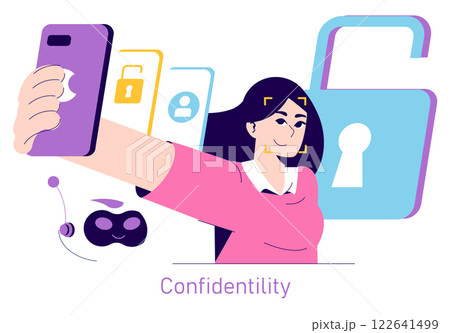 Digital privacy concept. A woman uses biometric authentication on her phone with secure technology icons in the background. Vector illustration. 122641499