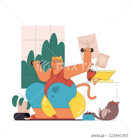 A cat character engages in a playful fitness routine with dumbbells at home. Surrounded by motivational posters, pizza, and a companion cat, this illustration encapsulates a humorous take on exercise A cat character engages in a playful fitness routine with dumbbells at home. Surrounded by motivational posters, pizza, and a companion cat, this illustration encapsulates a humorous take on exercise 122641501