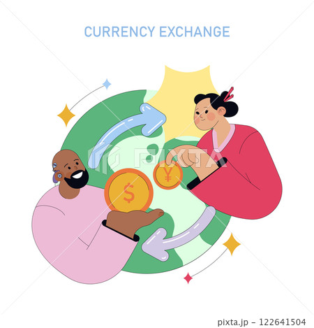 Global financial interaction with two individuals exchanging money in different currencies using coins. Circular arrows indicate the transaction flow. Vector illustration. 122641504