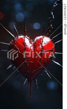 A bleeding red heart pierced by sharp spikes  symbolizing painful love  heartbreak  and toxic relationships in a dark  emotional concept. 122641627