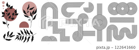 Zen arch set, simple line arch, botanical elements and geometric shapes. Geometric Japanese zen pattern minimal elements. Boho style strips. Zen arch set, simple line arch, botanical elements and geometric shapes. Geometric Japanese zen pattern minimal elements. Boho style strips. 122641660