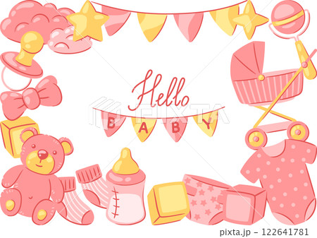 Baby shower frame. New born baby girl Happy Birthday. Baby shower frame. New born baby girl Happy Birthday. 122641781