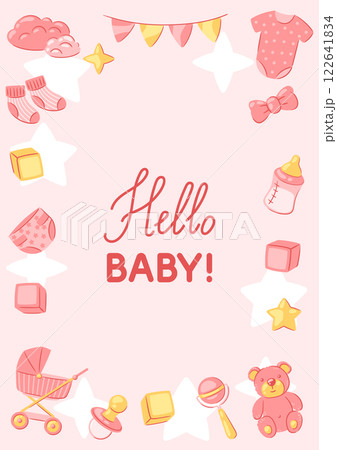 Baby shower frame. New born baby girl Happy Birthday. Baby shower frame. New born baby girl Happy Birthday. 122641834