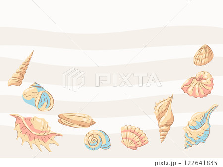 Background with seashells. Tropical underwater mollusk shells illustration. 122641835