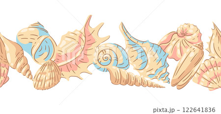 Seamless pattern with seashells. Tropical underwater mollusk shells illustration. 122641836