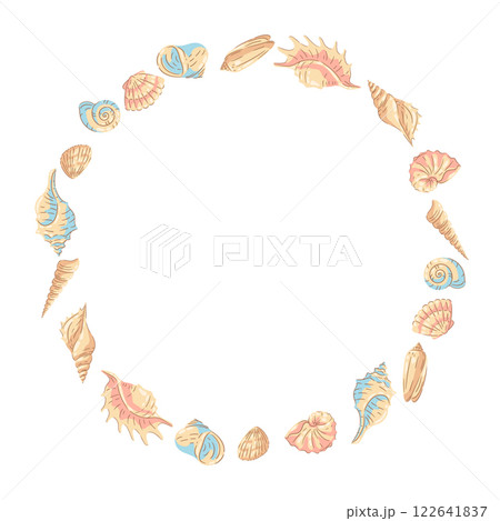Frame with seashells. Tropical underwater mollusk shells illustration. 122641837