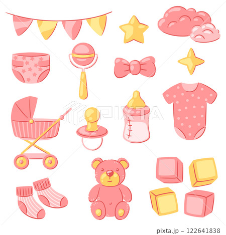 Baby shower set of objects. New born baby girl Happy Birthday. 122641838