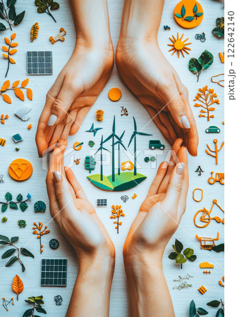 A pair of hands hold small icons of wind turbines, solar panels and electric cars, symbolizing the focus on sustainable energy in ESG practices. 122642140