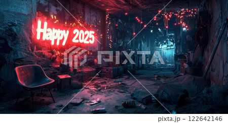 survivors celebrate New Year's in a dilapidated underground bunker with homemade decorations and a glowing Happy 2025 sign on the wall. 122642146