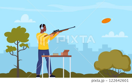 Black man with shotgun practicing clay pigeon shooting. Vector illustration for web and mobile design. 122642601