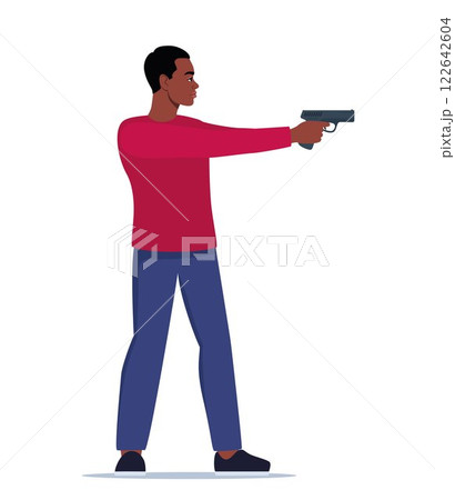 Sport shooting. Aiming Black man with pistol. Outdoor hobby, shooting. Man shooter defends property. Military outdoor skills. Vector. Sport shooting. Aiming Black man with pistol. Outdoor hobby, shooting. Man shooter defends property. Military outdoor skills. Vector. 122642604